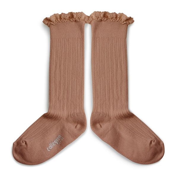 Joséphine Lace-Trim Ribbed Knee-high Socks Praline de Lyon